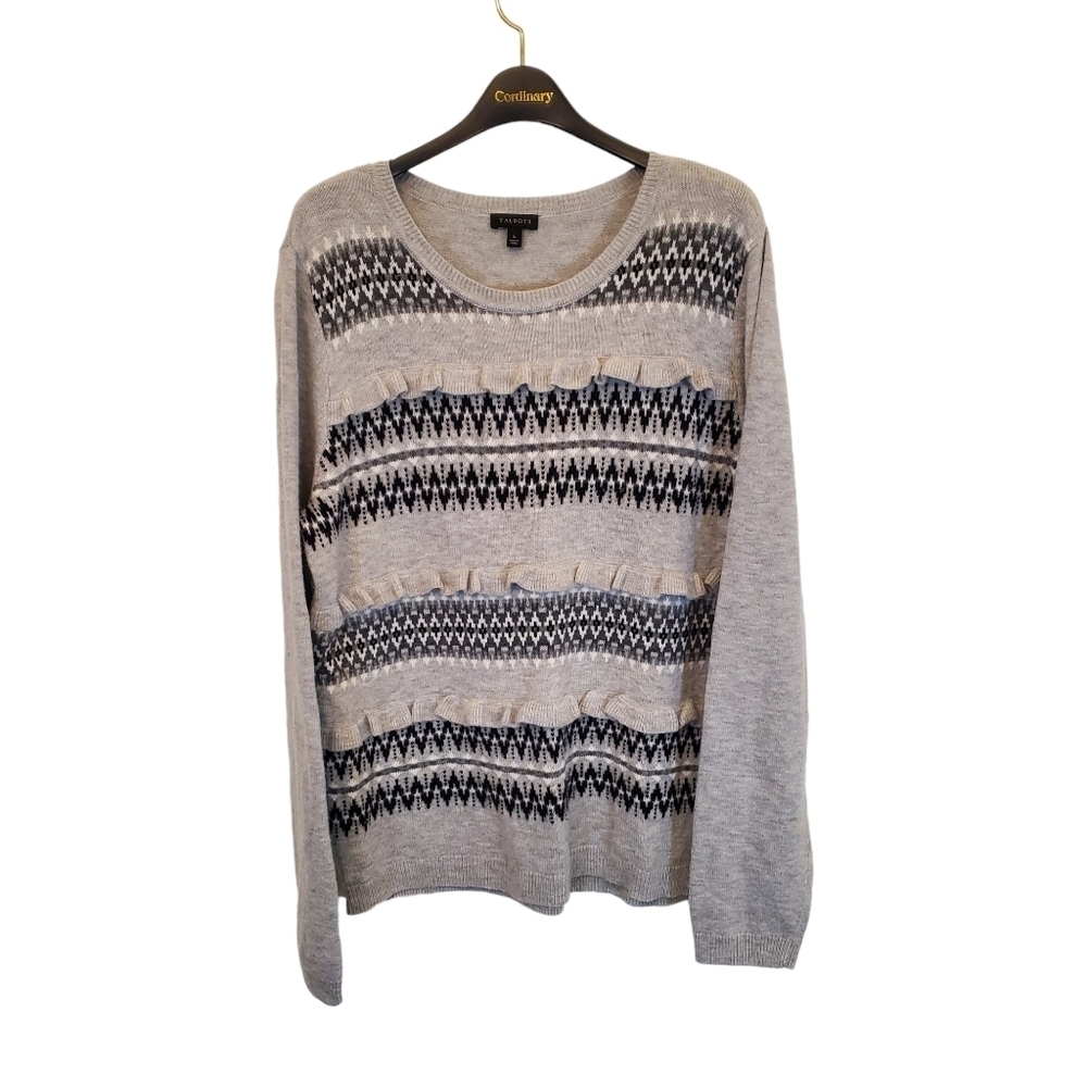 Talbots Large Lambs Wool Blend Fair Isle Ruffled Accent Striped Sweater
